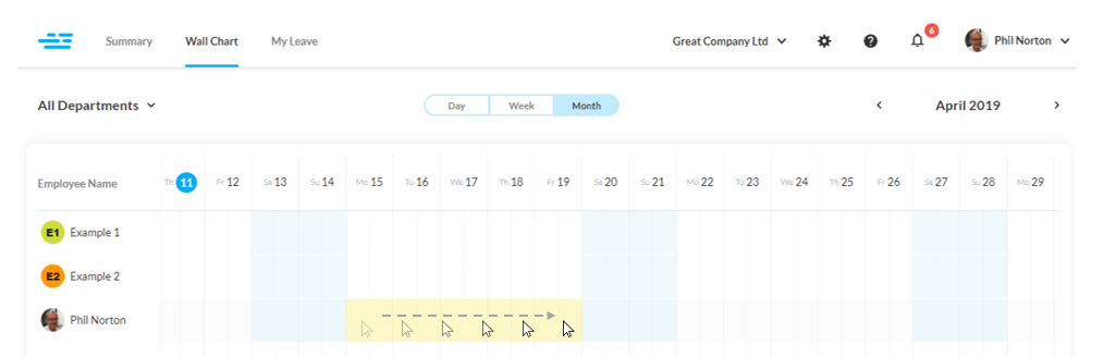Add time off by dragging over the wall chart